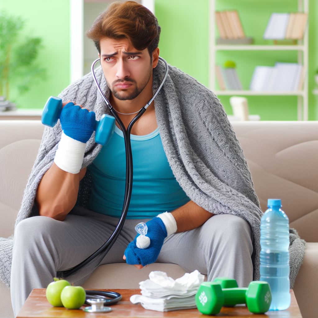 Chory mężczyzna ćwiczę w domu z hantlami