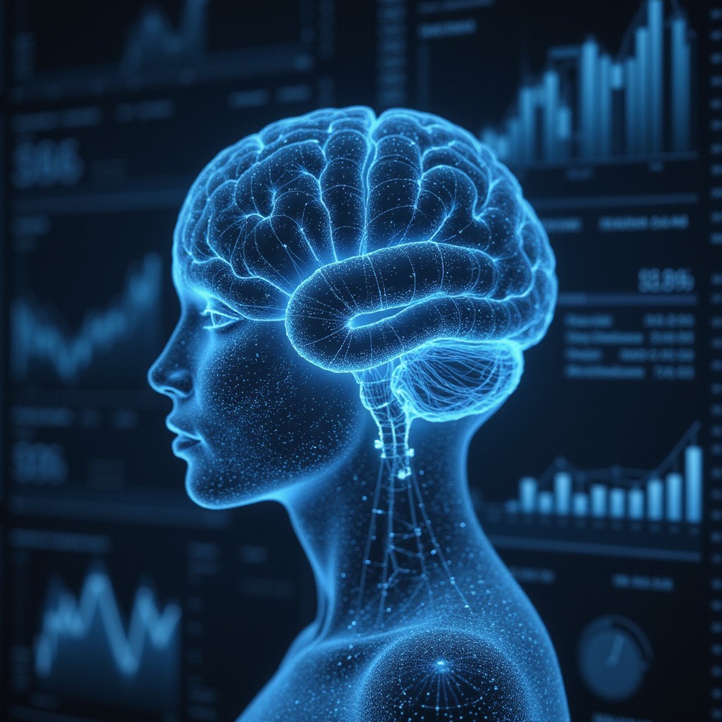 Sztuczna inteligencja analizująca dane finansowe na ekranie komputera, pokazująca wykresy i prognozy.