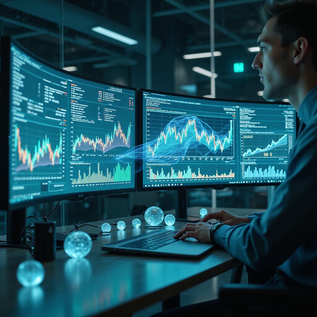 Sztuczna inteligencja analizująca dane finansowe na ekranie komputera, pokazująca wykresy i prognozy.