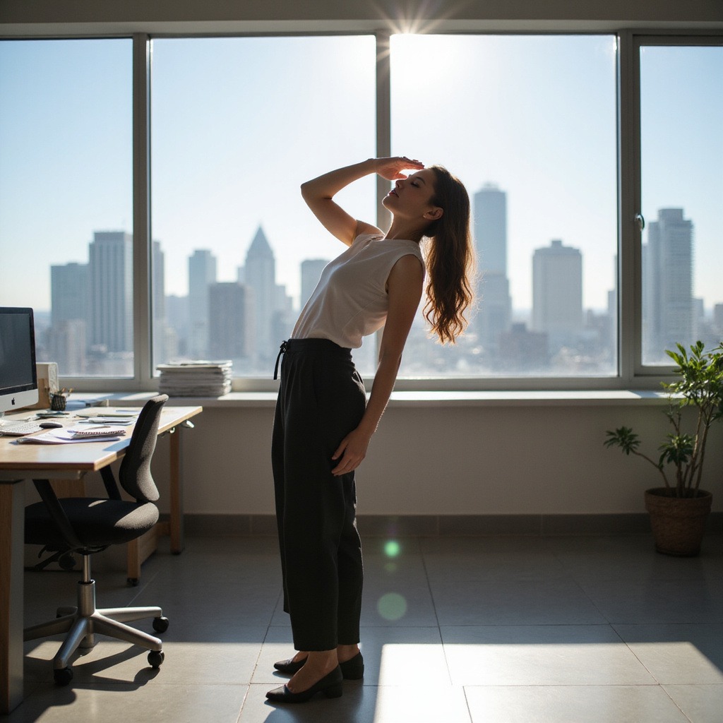 Alt-text: Kobieta wykonująca ćwiczenia rozciągające przy biurku, aby złagodzić ból kręgosłupa.