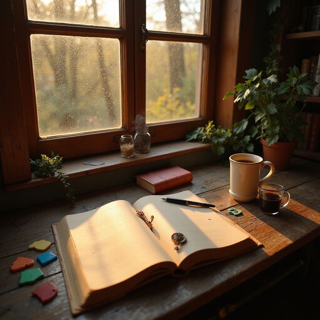 alt-text: Notatnik i długopis leżące na stole, obok kubek kawy – idealne narzędzia do szybkich ćwiczeń kreatywnego pisania.