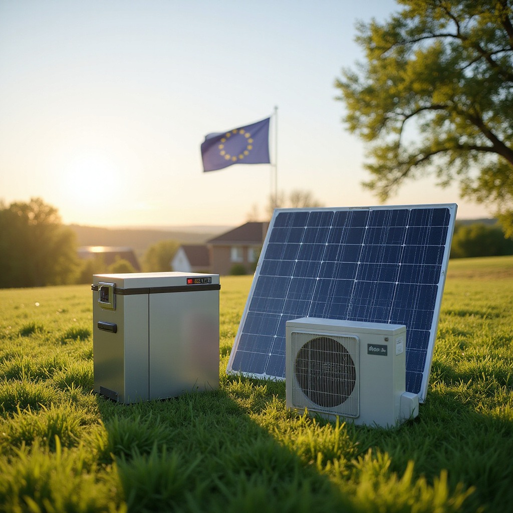 Wizualizacja symboli zielonych technologii - baterii, paneli słonecznych i pomp ciepła na tle flagi UE