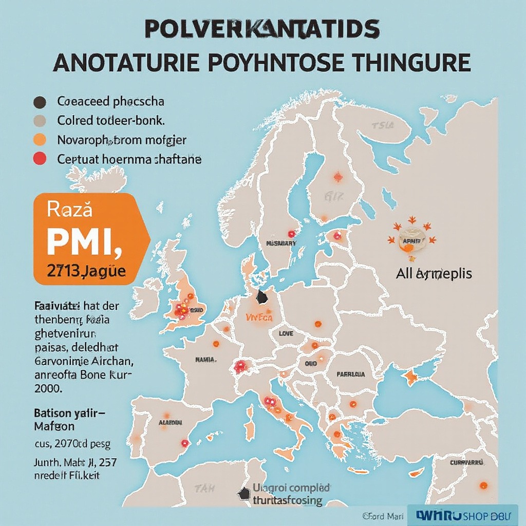 Wykres gospodarczy przedstawiający spadający indeks PMI i rosnącą inflację w strefie euro na tle konfliktu zbrojnego