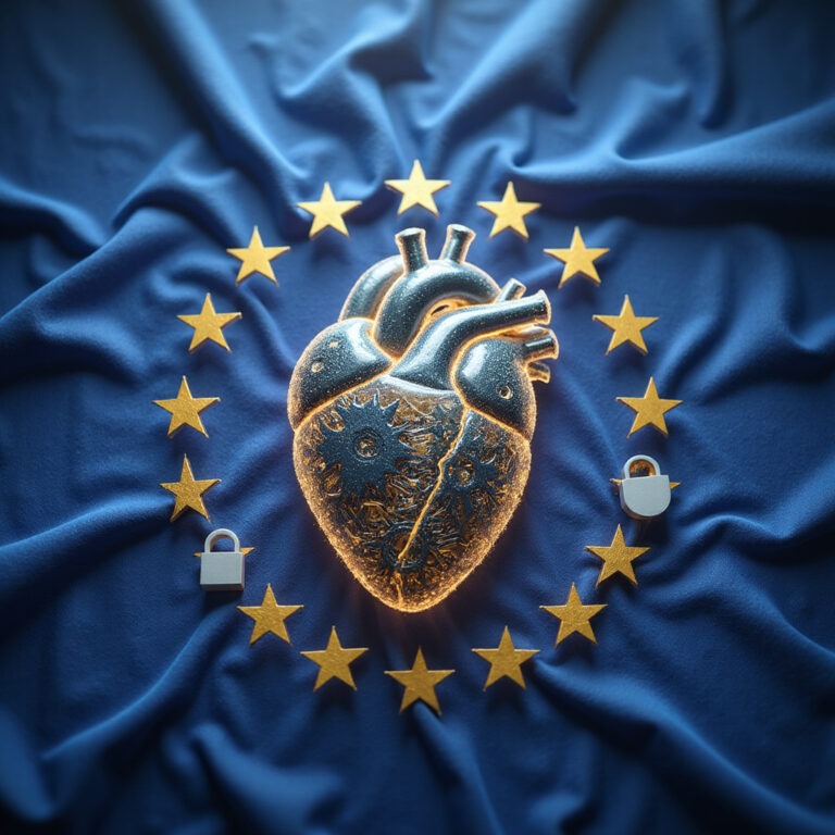 Infografika przedstawiająca główne cele i mechanizmy Industrialnego Aktu Europejskiego (IAA) na tle flagi Unii Europejskiej