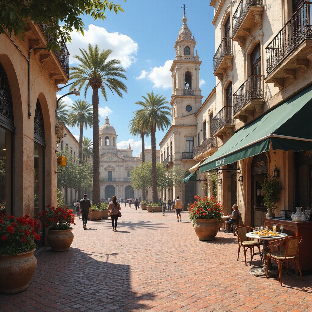 ALT tekst: Widok na uliczki Sevilli o poranku, słońce odbija się od białych ścian, na parapetach doniczki z kolorowymi kwiatami