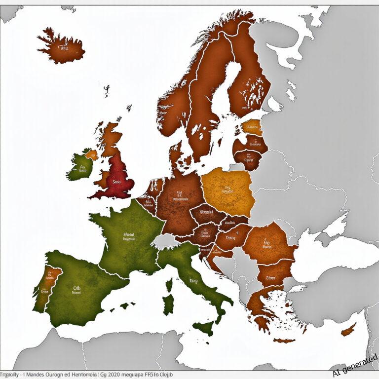 Mapa Europy z wizualizacją przepływu danych AI pomiędzy głównymi centrami gospodarczymi