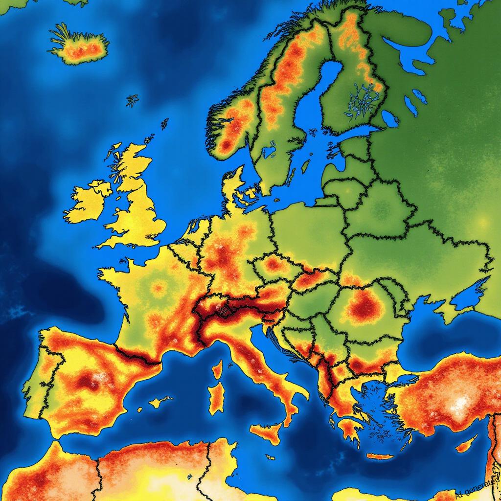 Wizualizacja mapy Europy z symbolami wysokiej temperatury i wykresem spadku produktywności, obok ikona sztucznej inteligencji (AI) jako rozwiązania.
