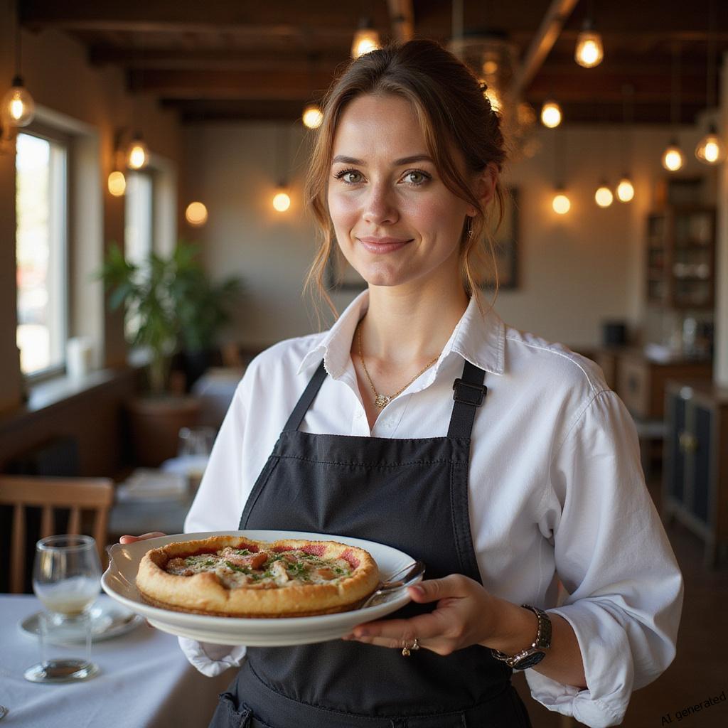 Kobieta prowadząca warsztaty kulinarne w małej, lokalnej restauracji, symbolizująca ideę mesh tourism i bezpośrednie przekazywanie wiedzy.