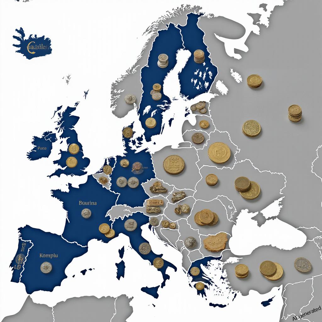Grafika przedstawiająca symbole Euro - waluty Unii Europejskiej - na tle mapy Europy, ilustrująca tematykę budżetu UE.