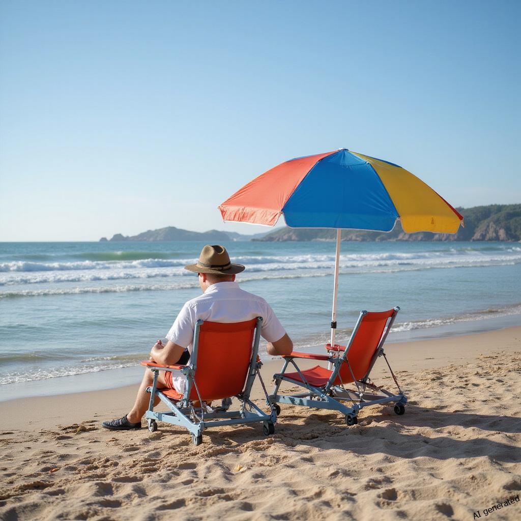 Uśmiechnięta rodzina na tle słonecznej plaży w Hiszpanii z widokiem na morze i parasole, symbolizująca udane i przystępne cenowo wakacje 2025 roku.